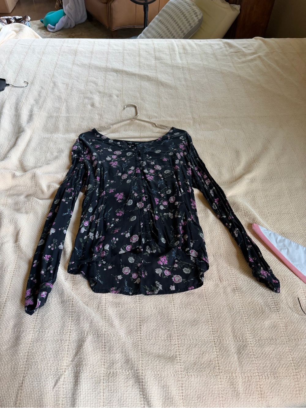 Lucky Brand Black Floral Long Sleeve Blouse with Pink Accents